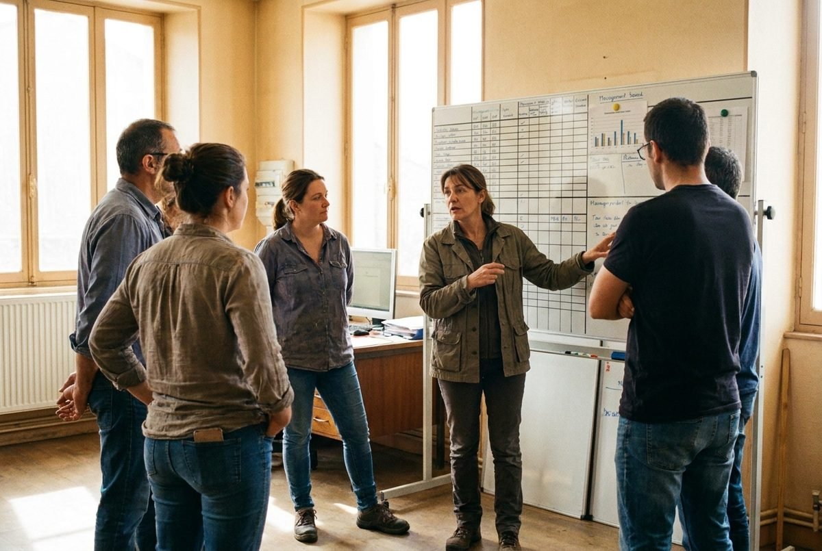Une encadrante anime le point quotidien d'équipe devant un tableau de management visuel.