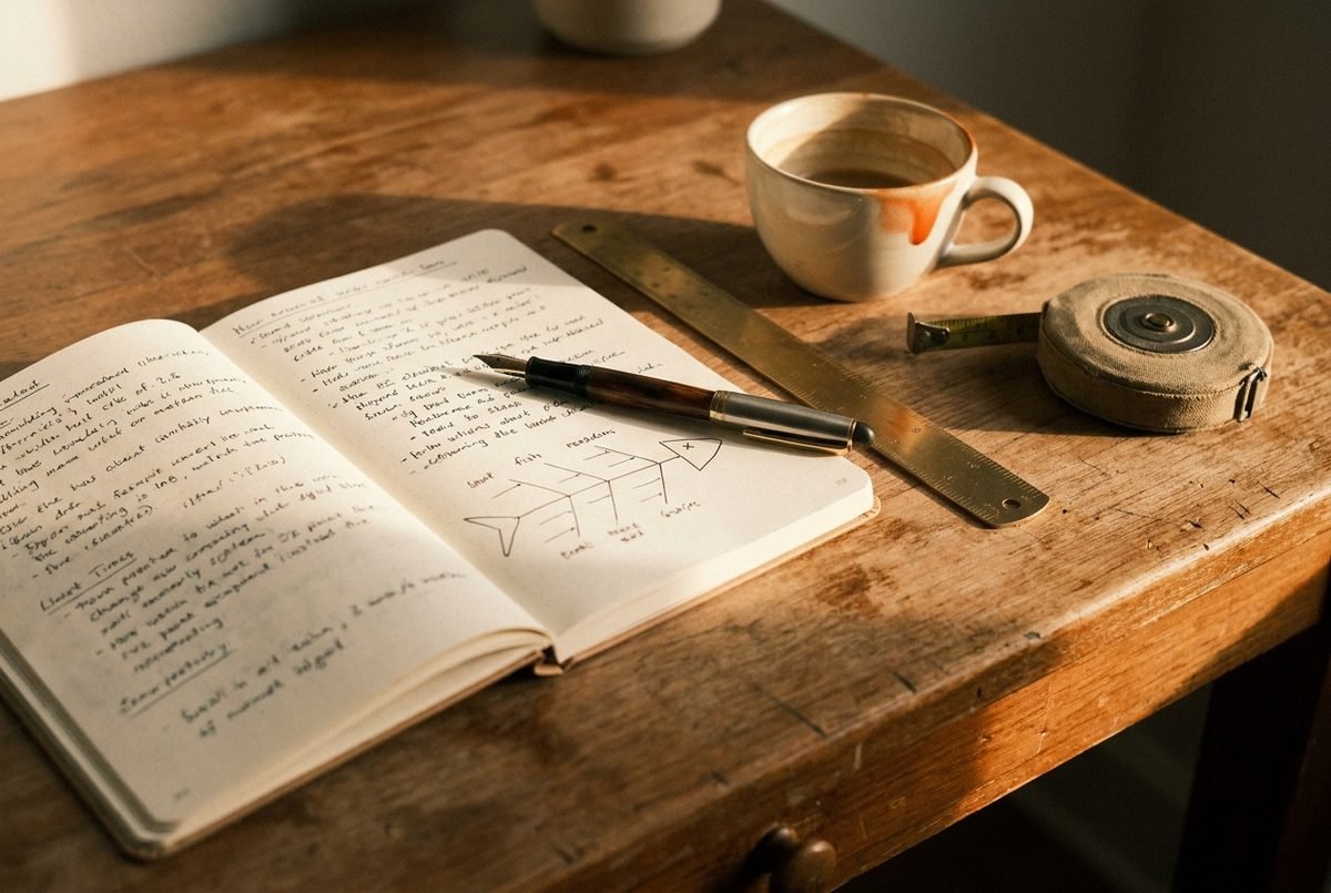 Carnet de travail ouvert sur des notes manuscrites et un diagramme en arêtes de poisson, posé sur une table en bois.