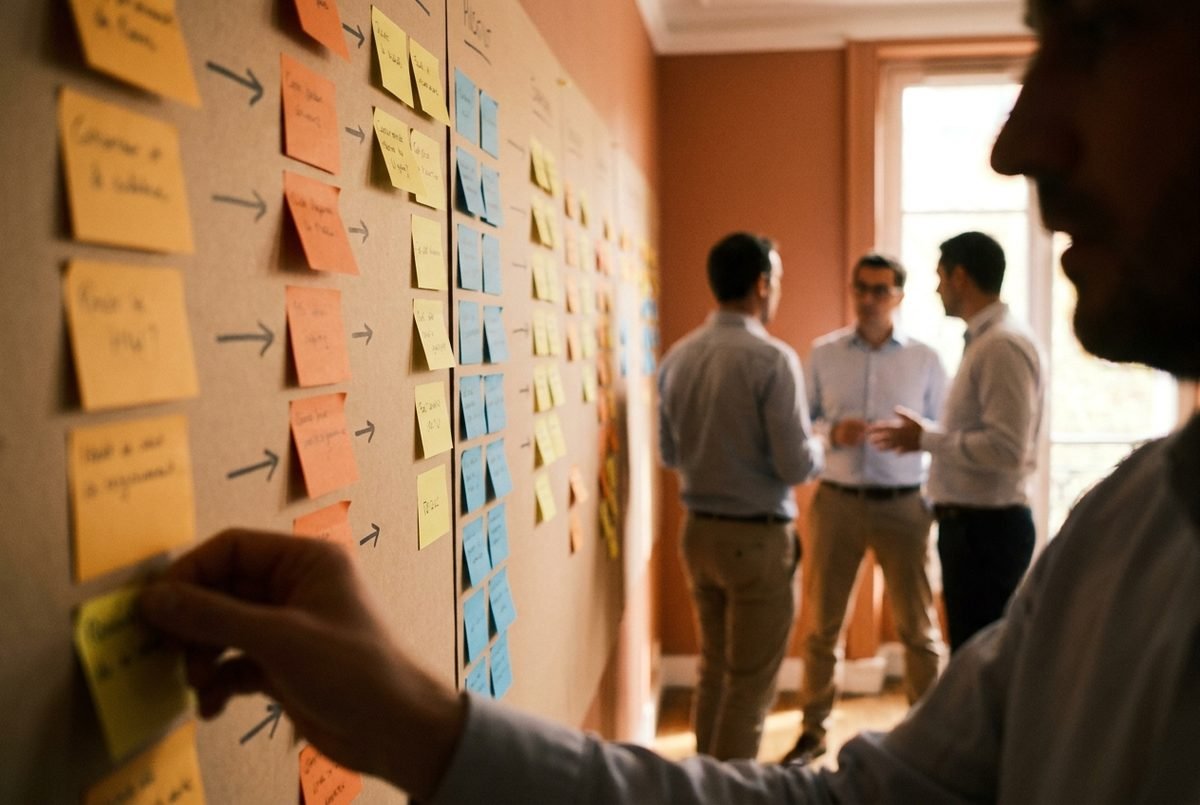 Un mur de post-it organisés en colonnes lors d'une séance de cadrage, une équipe en discussion à l'arrière-plan.