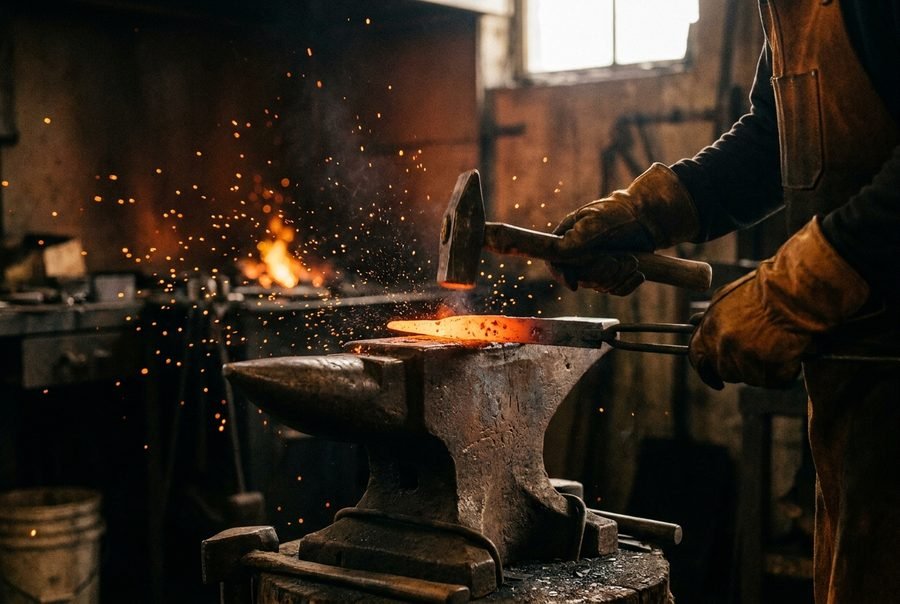 Un ferronnier travaille au marteau une pièce d'acier chauffée au rouge sur une enclume.