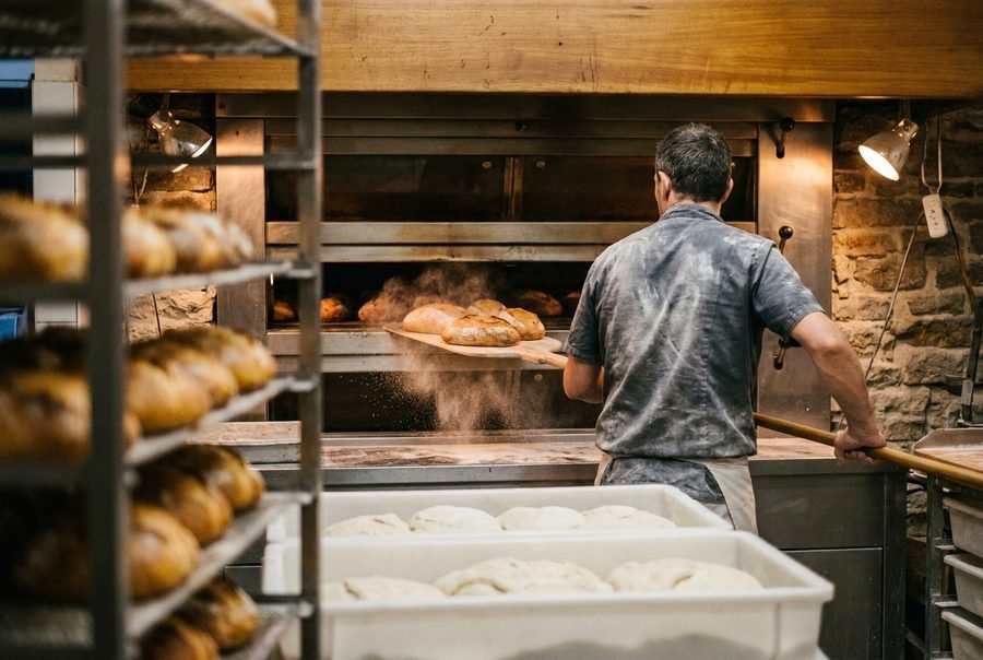 Un boulanger enfourne des pains à la pelle dans un four à sole, farine en suspension.