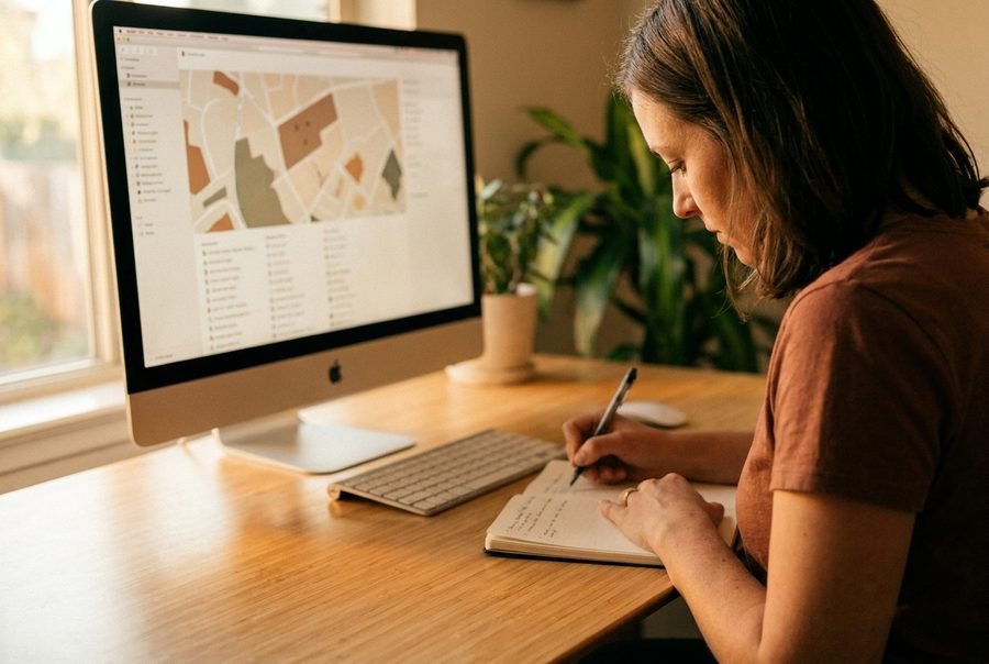 Une collaboratrice annote un carnet devant un écran affichant une carte et des listes de prospects.