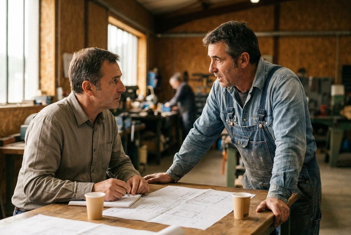 Un consultant prend des notes en écoutant un chef d'atelier expliquer son quotidien, plans étalés sur la table.